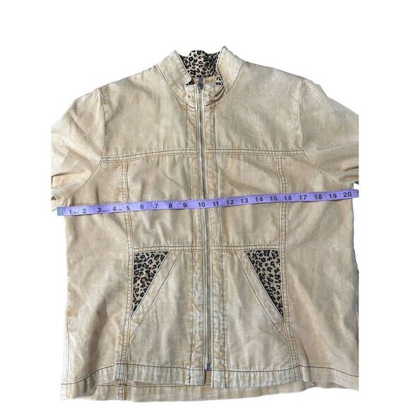 Produce Company 100% Cotton Tan Cheetah Print Zip Up Jacket Pockets S Utility - Picture 9 of 10